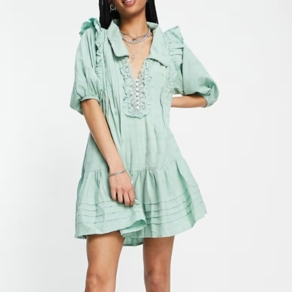Free People elora mini Dress peasant Ruffle Crochet Cotton Boho Sage cottagecore
